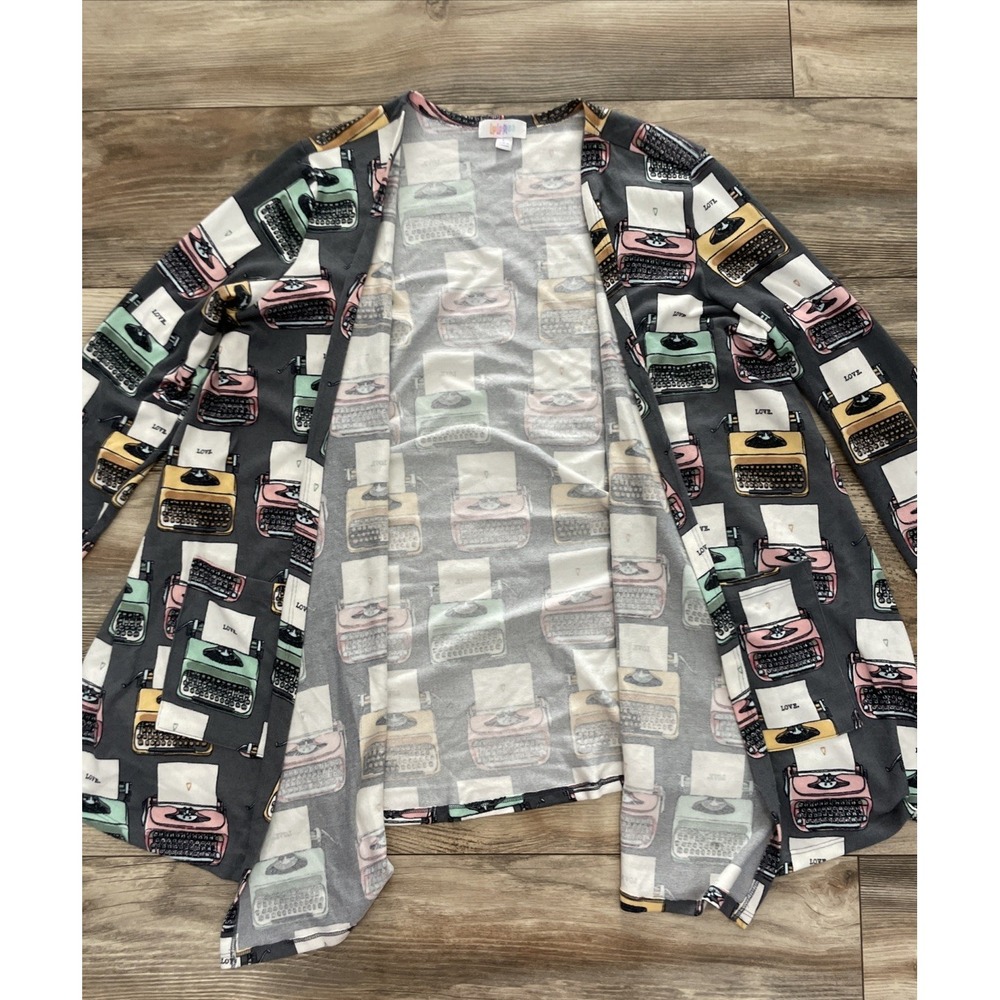 LuLaRoe Cardigan Womens Large Gray Typewriter Print Open Front Pocket Sweater